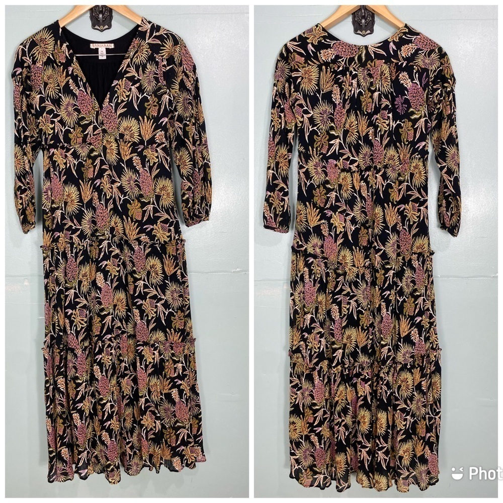 Banjanan Floral Neon Black Long Sleeve Maxi Tropical‎ V Neck Dress Sz XS